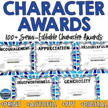 Preview of Character Trait End of Year Award Certificates in Blue