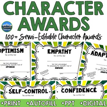 Preview of Character Trait End of Year Award Certificates in Green