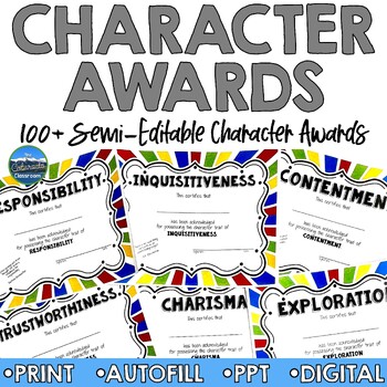 Preview of Character Trait End of Year Award Certificates in Multi - Colors