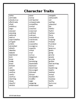 Character Trait List by Besaw's Bee Sauce | TPT