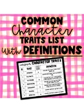 Character Trait List with Definitions - Reading and Writin