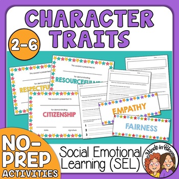 Preview of Character Traits Activities No-Prep Printables for SEL - Plus Colorful Awards!