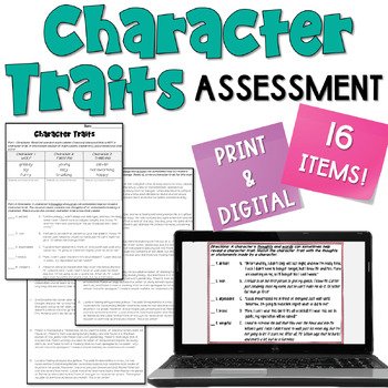 Preview of Character Traits Assessment or Review Worksheet for 4th, 5th, and 6th Grades