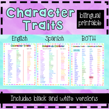 Preview of Character Traits BILINGUAL printable, English, Spanish, and Both