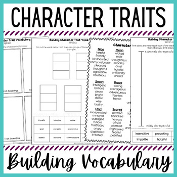 Preview of Building Character Trait Vocabulary - Sorts, Fun Activities, Worksheets