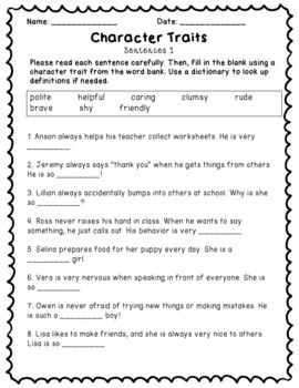 Character Traits Differentiated Worksheets by Eureka Sheets | TPT