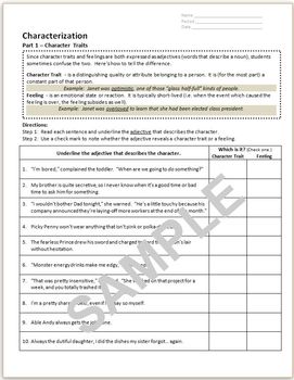 Preview of Character Traits - Direct & Indirect Characterization Worksheet