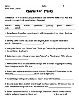 Preview of Character Traits - Fill in the Blank Worksheet