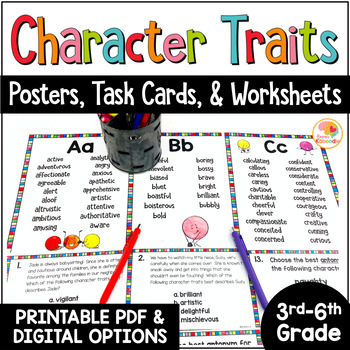 Preview of Character Traits List Posters, Anchor Charts, Task Cards, & Worksheets Activity