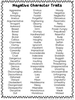 personality traits list negative