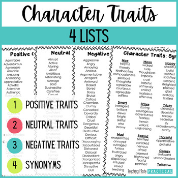 Preview of Character Traits Lists: A List of Positive, Neutral, Negative Traits & Synonyms
