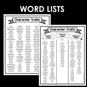 Character Traits Lists and Mini Book Word Sort with Digital TPT Easel ...