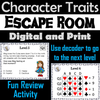 Preview of Character Traits Passages Activity: Escape Room Reading Comprehension Strategies