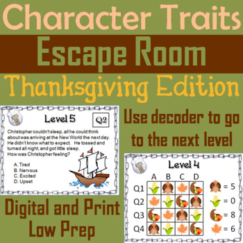 Preview of Character Traits Passages: Thanksgiving Escape Room ELA