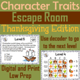 Character Traits Passages: Thanksgiving Escape Room ELA