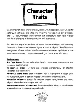 Preview of Character Traits Quick Reference and Interactive Word Wall