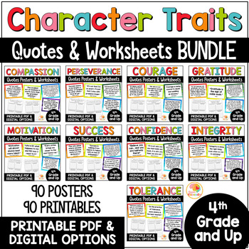 Preview of Character Traits Quotes Posters Bulletin Board and Reflection Worksheets