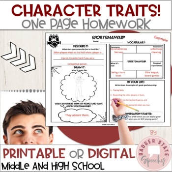 Preview of Character Traits Graphic Organizer Homework Activities Middle High School