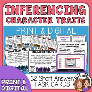 Preview of Character Traits Task Cards - Inference (short answer) | Print & Digital |