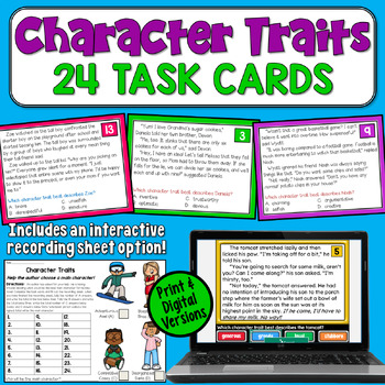 Preview of Character Traits Task Cards with Print and Digital: Practice Passages 4th & 5th