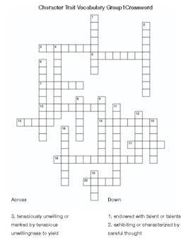 Character Traits Vocabulary Group 1 Crossword by Northeast Education