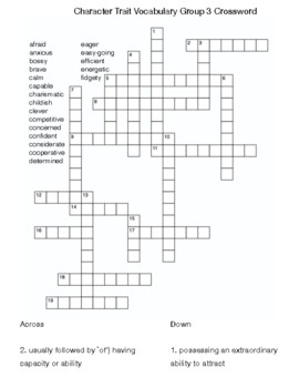 Character Traits Vocabulary Group 3 Crossword by Northeast Education