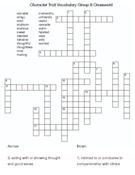 Character Traits Vocabulary Group 8 Crossword by Northeast Education