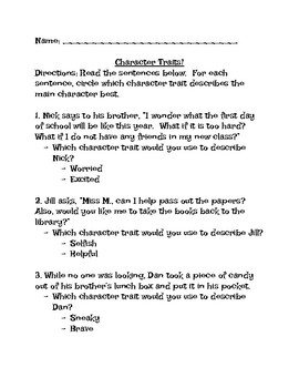 Preview of Character Traits Worksheet