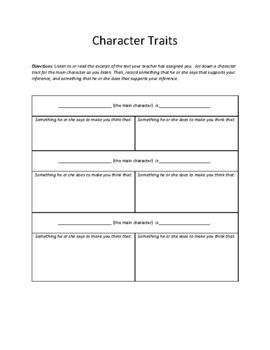 Character Trait Activity with evidence by Fifth Grade Foundations