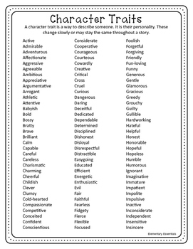 Character Traits Vs Character Emotions Adjective Lists By Elementary Essentials