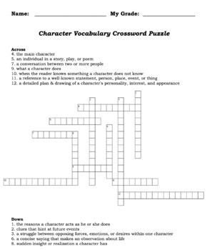 Character Vocabulary Crossword Puzzle by Mrs Mitchells Classroom