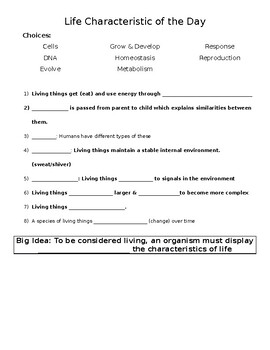 Characteristic Of Life Worksheet By Modified In The Midwest Tpt