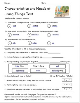 Preview of Characteristics and Needs of Living Things Assessment w/key