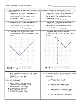 Preview of Characteristics of Absolute Value Functions Quiz