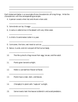Characteristics of Life Worksheet by Mollie Parker | TPT