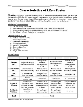 Characteristics Of Life Worksheet Poster Project By A Thom Ic Science