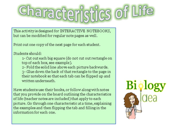 Characteristics Of Life For Interactive Notebooks By Biology By Miss D