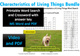Characteristics of Living Things Crossword, Wordsearch, Vi