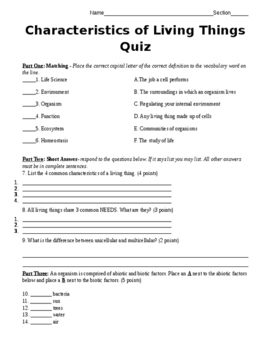 Characteristics Of Living Things Quiz By Middle School Help Tpt