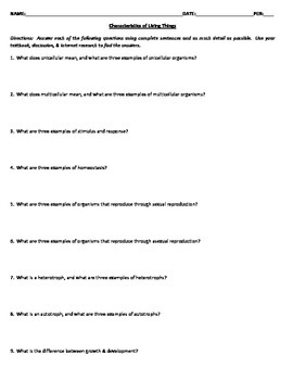 Characteristics Of Living Things Worksheet Teaching Resources Tpt