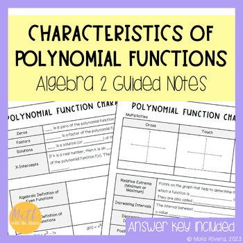 Preview of Characteristics of Polynomial Functions Guided Notes for Algebra 2 No Prep