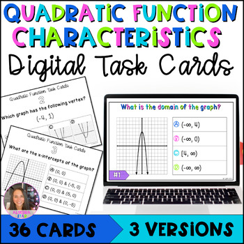 Preview of Characteristics of Quadratic Functions Task Cards Print and Digital