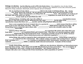 Characteristics Of Living Things Fill In Worksheet By Ez Science