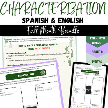 Preview of Digital Character Analysis and Traits Activity Notebook in Spanish & English
