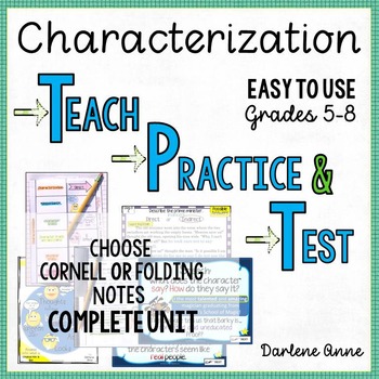 Preview of Characterization PowerPoint, Notes, Practice Worksheets & Test PRINT & DIGITAL