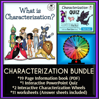 Preview of Characterization bundle: Information book, Quiz, Character Wheels and Worksheets
