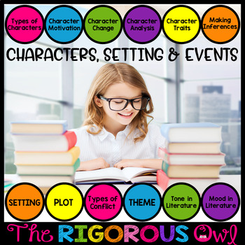 Preview of Characters, Setting & Events Lessons, Practice and Assessment Yearlong  BUNDLE