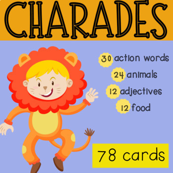 Preview of Charades Game with Action Words , Animals , adjectives , and food