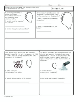 Charles' Law Chemistry Homework Worksheet by Science With Mrs Lau