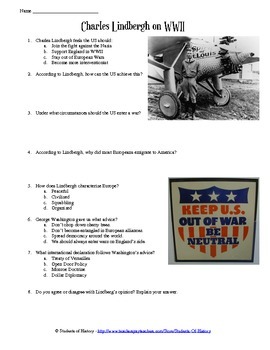 Preview of Charles Lindbergh US Isolationism and World War 2 Speech Worksheet